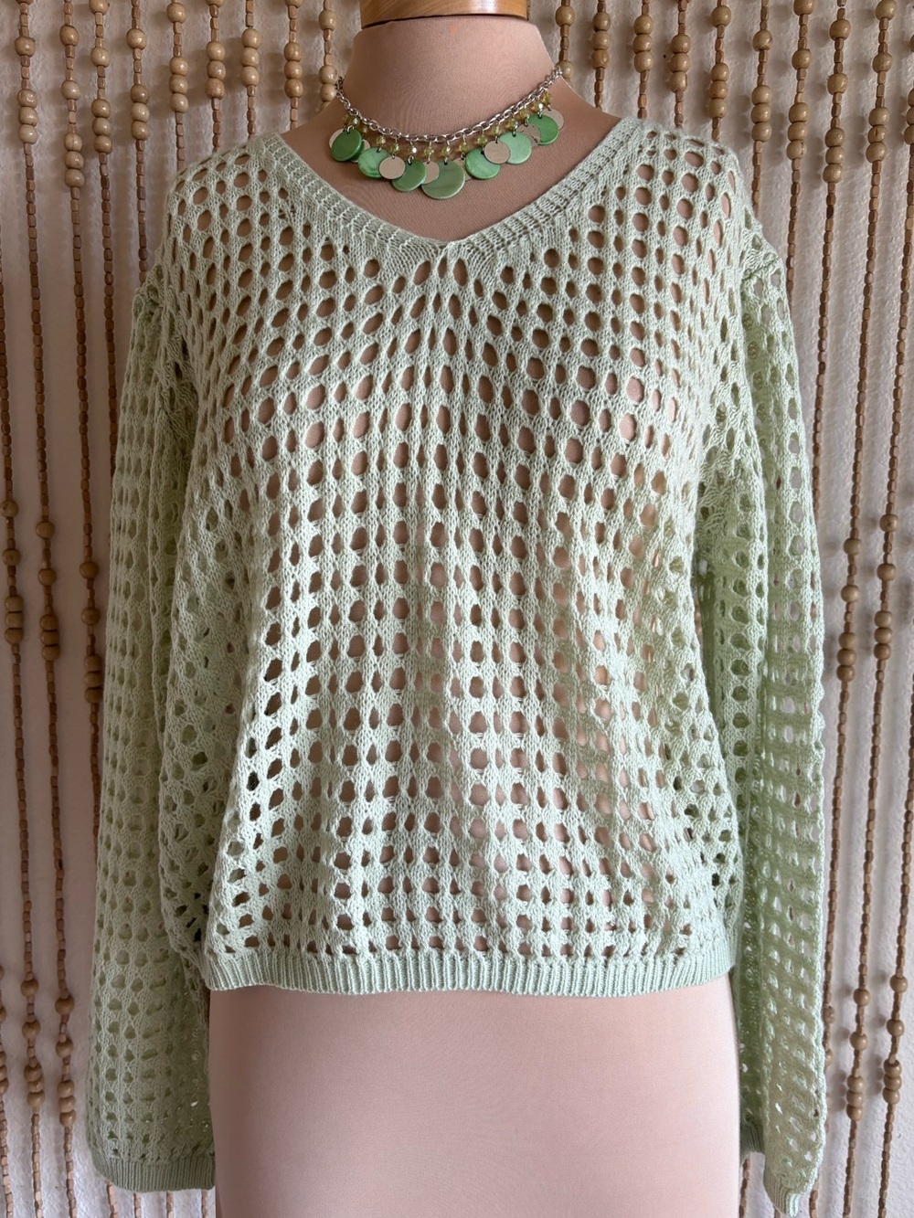 Light Lime Green Y2K Cyber Grunge Open Knit Crochet See Through Layering Sweater